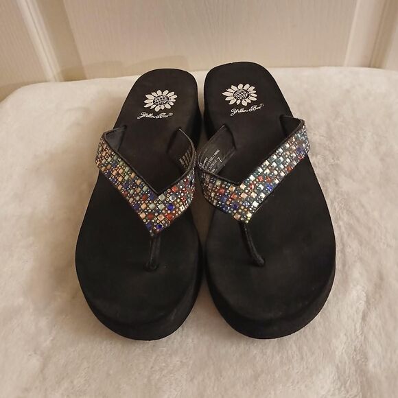 Yellow Box Scalia Y2K Style platform flip flops rhinestone straps wedge heel 7 - Picture 2 of 7